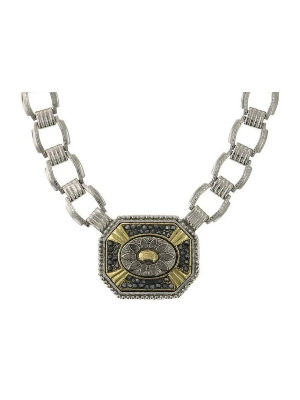 1928 Vintage Art Deco Style Daisy Octagonal Hematite Stone Link Pendant Necklace
